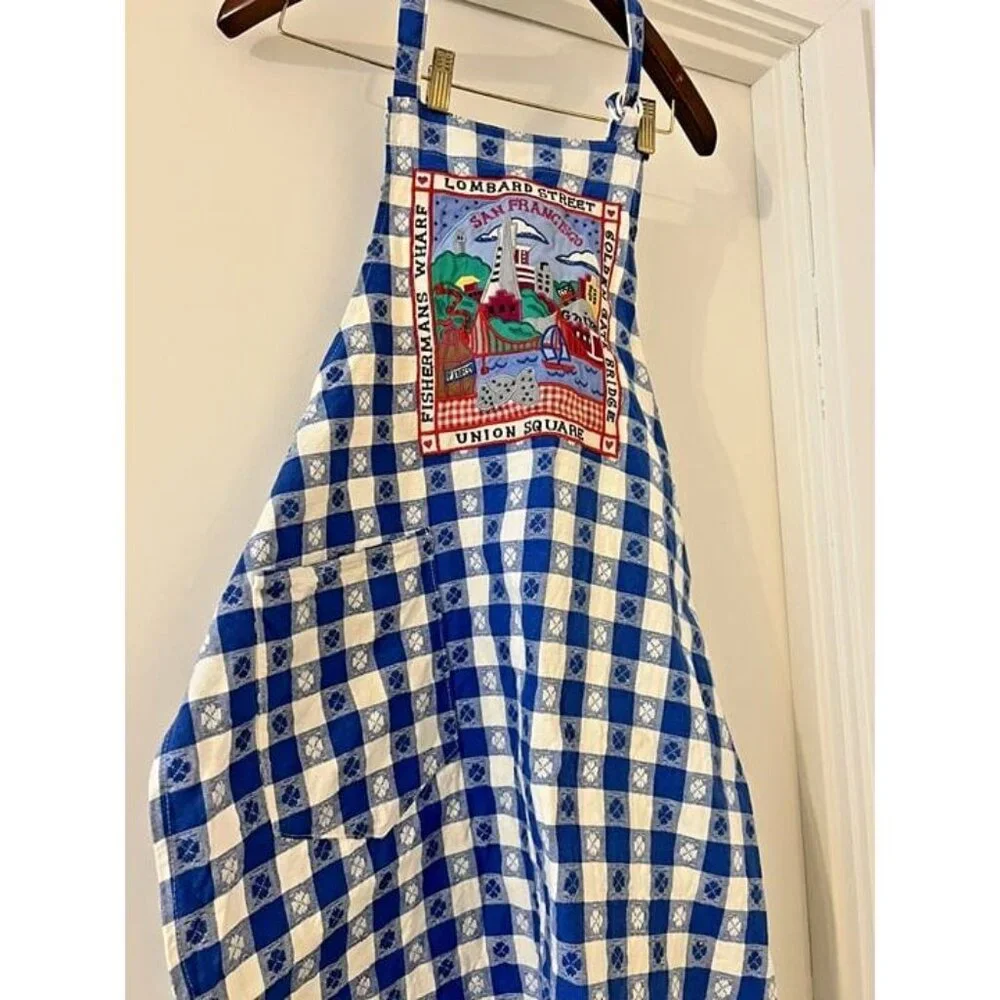 Rare Vtg‎ San Francisco Landmarks Sites Embroidered Checkered Blue White Apron